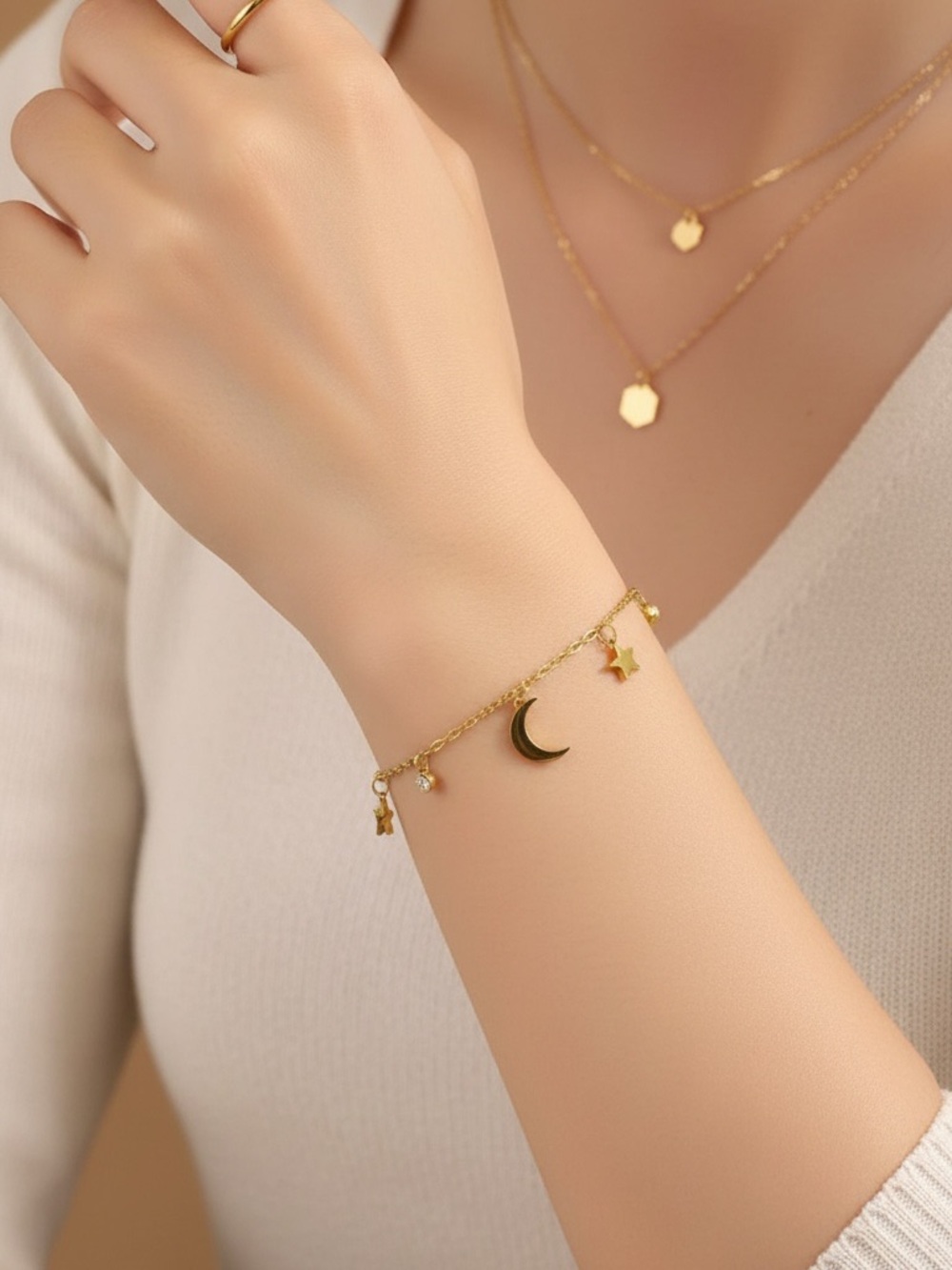 18k Gold Plated CZ Charm Bracelet with Star and Moon. New.